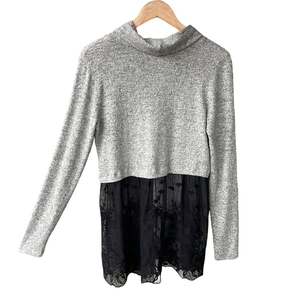 Paper Crane Sweater Cowl Turtleneck Grey Black Sheer Lace Hem Bohemian Sz Small - Picture 2 of 7